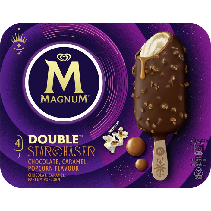 MAGNUM Double – Bâtonnets glacés au chocolat, caramel et pop corn 4x72g