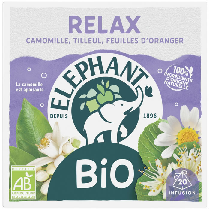 ELEPHANT Relax Infusion camomille, tilleul et feuilles d’oranger bio (20 sachets, 26g)