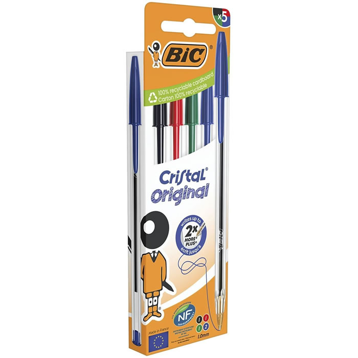 BIC Cristal Original – Stylos bille pointe moyenne bleu, noir, rouge, vert (5 stylos)