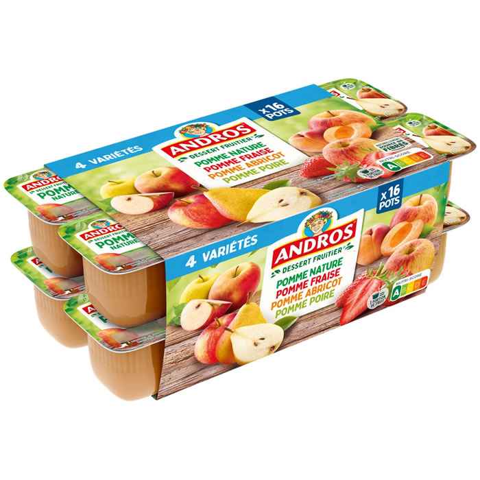 ANDROS – Dessert pomme, poire, fraise et abricot 16 x 100g