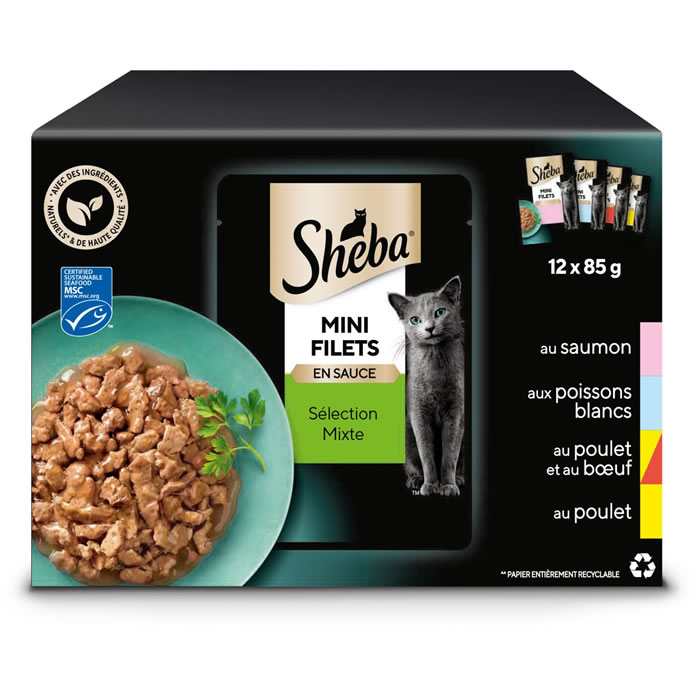 SHEBA Mini Filets – En sauce poisson, poulet et bœuf (12 x 85 g)