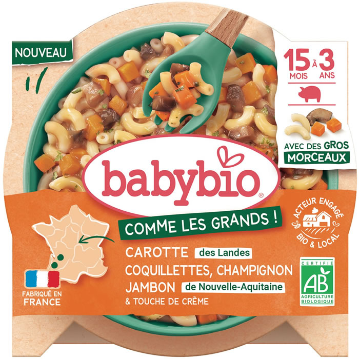 BABYBIO – Carotte, coquillettes, champignon et jambon 200 g