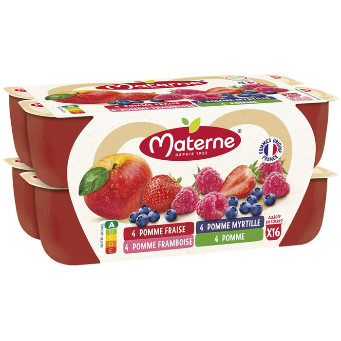 MATERNE – Dessert pomme, framboise, fraise et myrtille 16 x 100 g