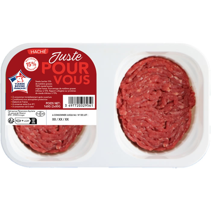 JUSTE POUR VOUS – Steaks hachés pur boeuf 15% M.G 2 x 100 g