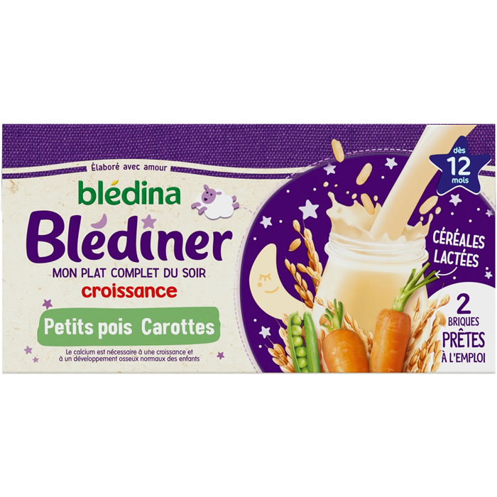 BLEDINA – Blédîner Céréales lactées aux petits pois et carottes dès 12 mois 2 x 250 ml