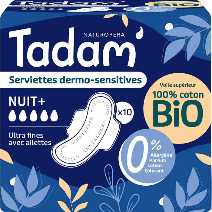 TADAM Dermo-Sensitives – Serviettes avec ailettes cotton Ultra Nuit x10