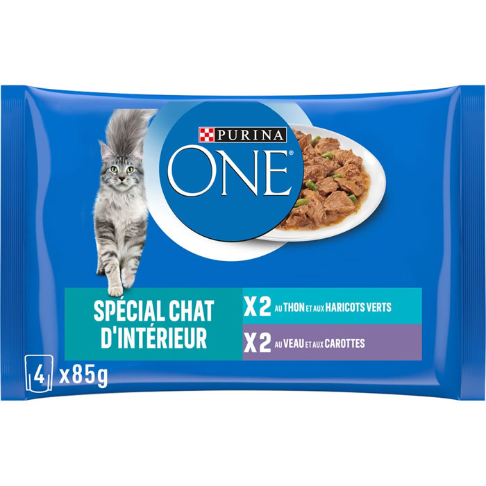 PURINA ONE – Effilés chats d’intérieur veau et thon (4 x 85 g)