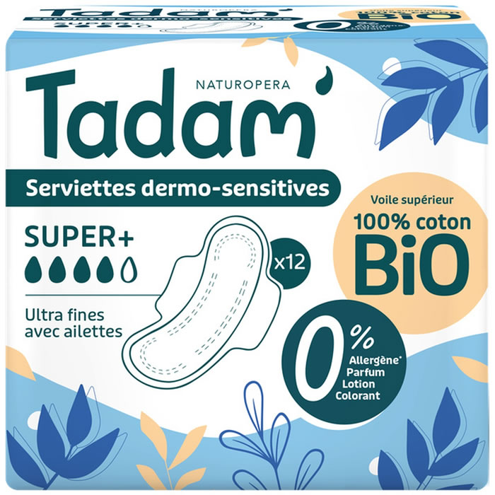 TADAM Dermo-Sensitives – Serviettes avec ailettes ultra cotton super bio x12