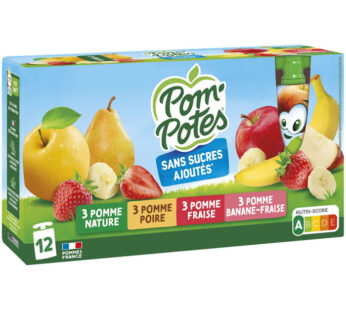 POM’POTES Dessert pomme, fraise, poire et banane sans sucres ajoutés Moyen Format (12x90g)