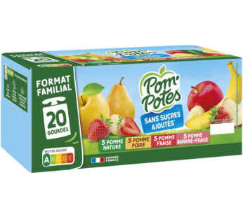 POM&rsquo;POTES Dessert pomme, fraise, poire et banane sans sucres ajoutés Grand Format (20 x 90g)