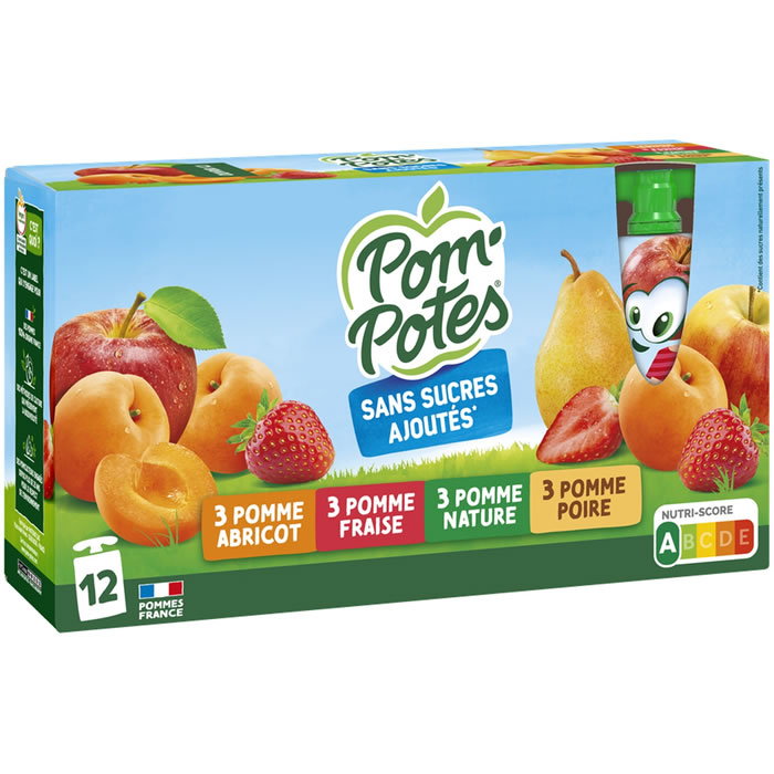 POM'POTES Dessert pomme, abricot, fraise et poire Moyen Format (12x90g)