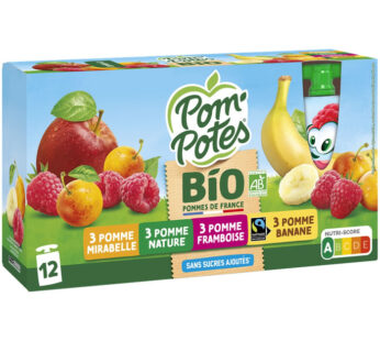 POM’POTES Dessert pomme, mirabelle, banane et framboise bio Moyen Format (12x90g)