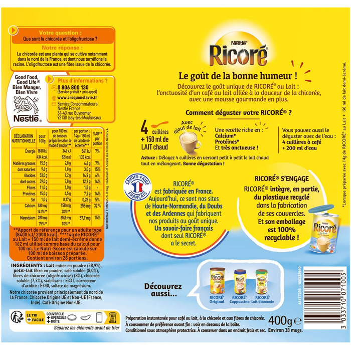 RICORE - Café au lait à la chicorée soluble (Grand Format, 400g) – Image 2