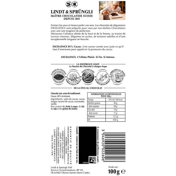 LINDT Excellence - Tablette de chocolat noir 85% 100g – Image 2