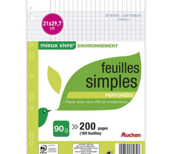 AUCHAN Mieux Vivre – Feuilles simples perforées 21 x 29,7 cm grands carreaux