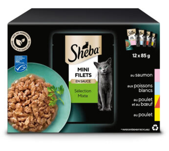 SHEBA Mini Filets – En sauce poisson, poulet et bœuf (12 x 85 g)