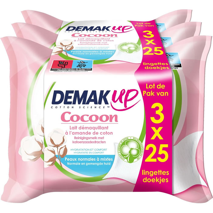 DEMAK'UP Cocoon - Lingettes démaquillantes au lait hydratant yeux et visage 3 x 25 lingettes