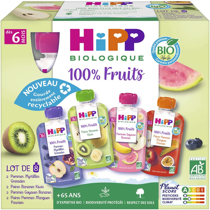 HIPP 100% Fruits - Assortiment de desserts 4 variétés 8 x 90 g