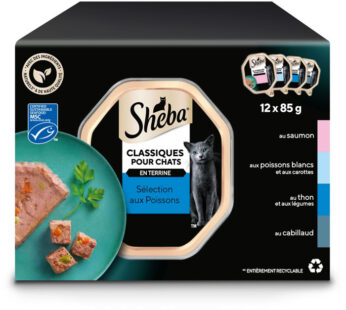 SHEBA Terrines Classiques – Saumon, thon, cabillaud, poissons blancs & carottes (12 x 85 g)