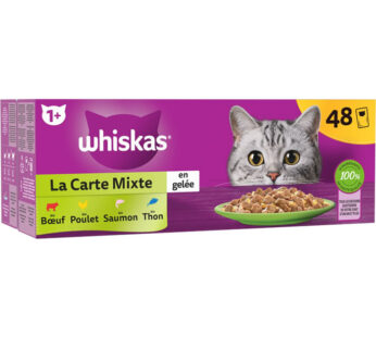 WHISKAS – Gelée mixte 4 variétés bœuf, poulet, saumon, thon (48 x 85 g)