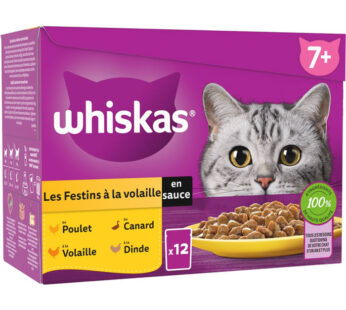 WHISKAS – Les Festins sénior volaille en sauce poulet, canard, volaille, dinde (12 x 85 g)