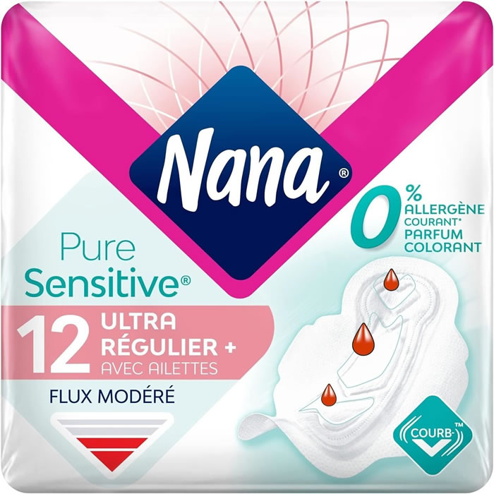 NANA Pure Sensitive Serviettes hygiéniques avec ailettes ultra régulier plus x12