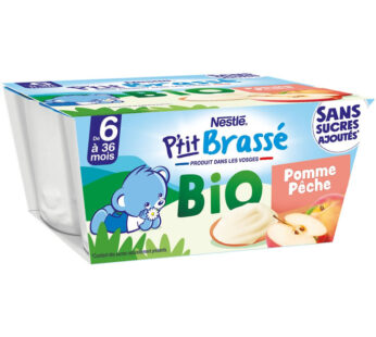 NESTLE P&rsquo;tit Brassé BIO – Dessert pomme et pêche 4 x 90 g
