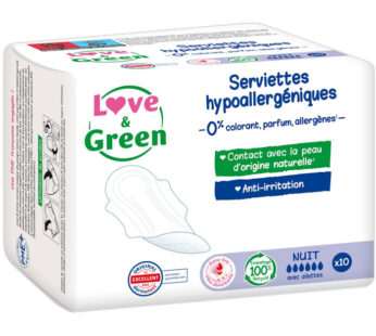 LOVE & GREEN Nuit – Serviettes hygiéniques avec ailettes hypoallergéniques x10