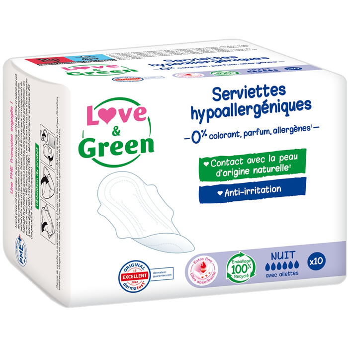 LOVE & GREEN Nuit - Serviettes hygiéniques avec ailettes hypoallergéniques x10