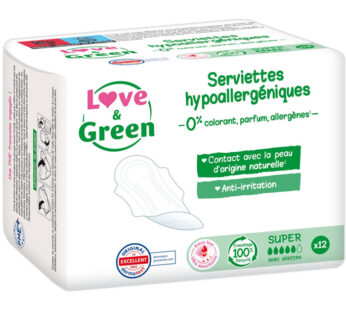 LOVE & GREEN Serviettes hygiéniques avec ailettes hypoallergénique super x12