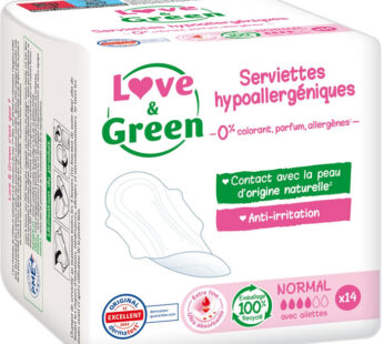 LOVE & GREEN Serviettes hygiéniques hypoallergéniques normal x14