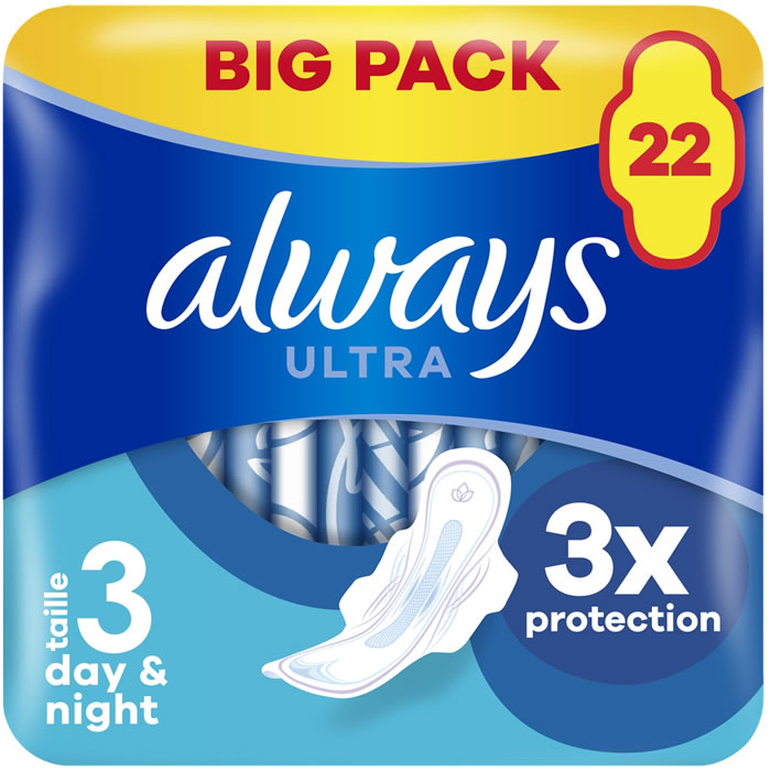 ALWAYS Day & Night Serviettes hygiéniques ultra avec ailettes x22