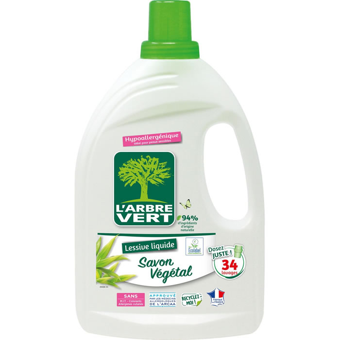 L'ARBRE VERT Lessive hypoallergénique savon végétal 1,53 L