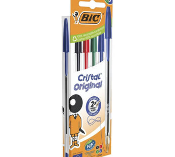BIC Cristal Original – Stylos bille pointe moyenne bleu, noir, rouge, vert (5 stylos)