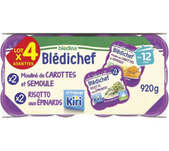 BLEDINA Blédichef – Moulinés carotte-semoule & risotto épinards Kiri 4×230 g