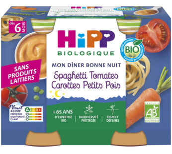 HiPP Mon Dîner Bonne Nuit – Spaghetti tomate, carottes et petits pois 2×190 g