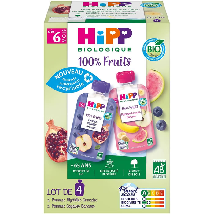 HIPP 100% Fruits - Assortiment de desserts 2 variétés 4 x 90 g